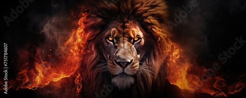 Lion king in fire  Portrait on black background  Wildlife animal.