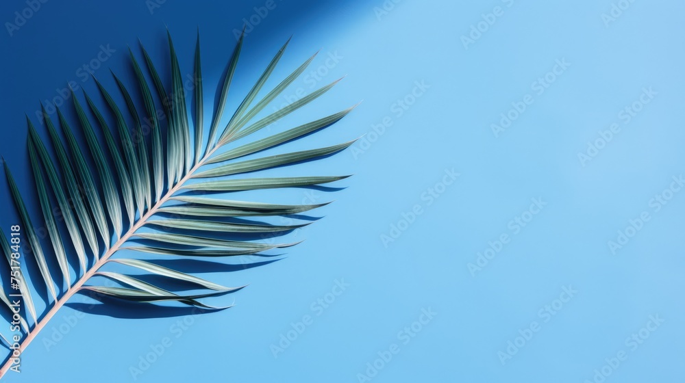 Fototapeta premium Palm tree with tropical leaves on a blue background with a place to copy text, an even layer of green tropical leaves. The concept of recreation, tourism, and sea travel.