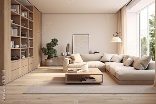 Serene Minimalist Haven: Beige Tones, Wooden Finishes, and Functional Furniture