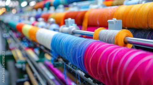 Colorful Spools of Thread on Machine photo