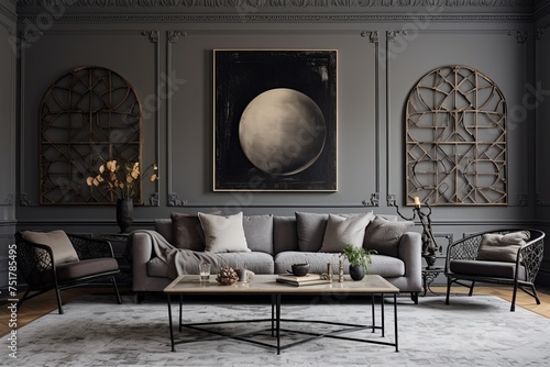 Elegant Ironwork Art Adorning Minimalist Living Room with Grey Wall photo