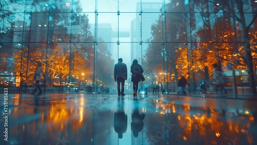 A man and a woman stand in front of a large window overlooking the city, the electric blue water reflecting the world outside, creating a symmetrical art piece in the buildings glass surface