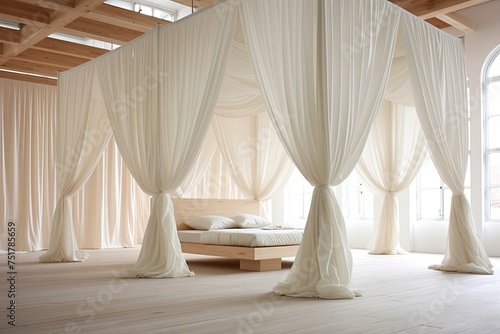 Minimalist Fairy-Tale Canopy Beds: Solid Color Drapes with Simple Wood Frames