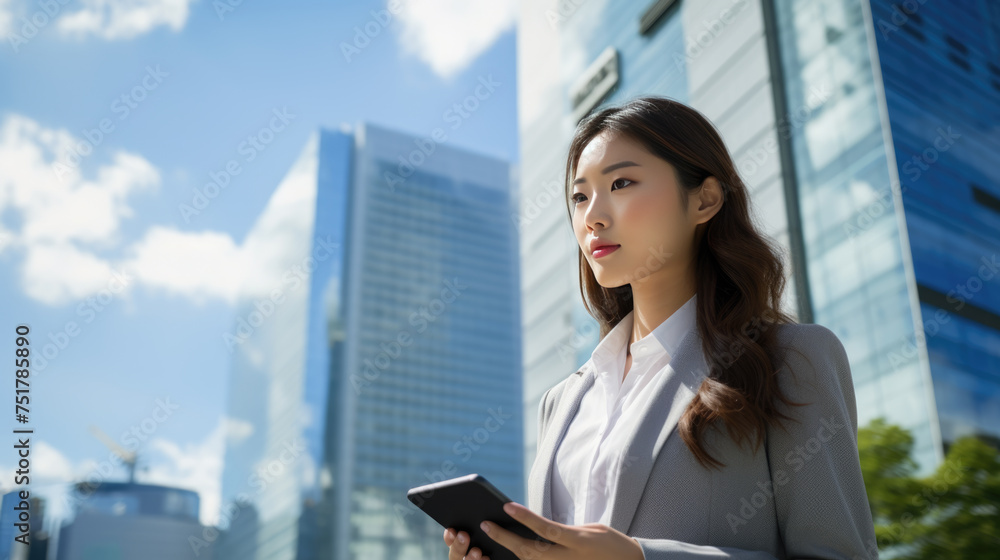 Fototapeta premium Asian woman in a business suit looking at her smartphone with modern skyscrapers in the background.