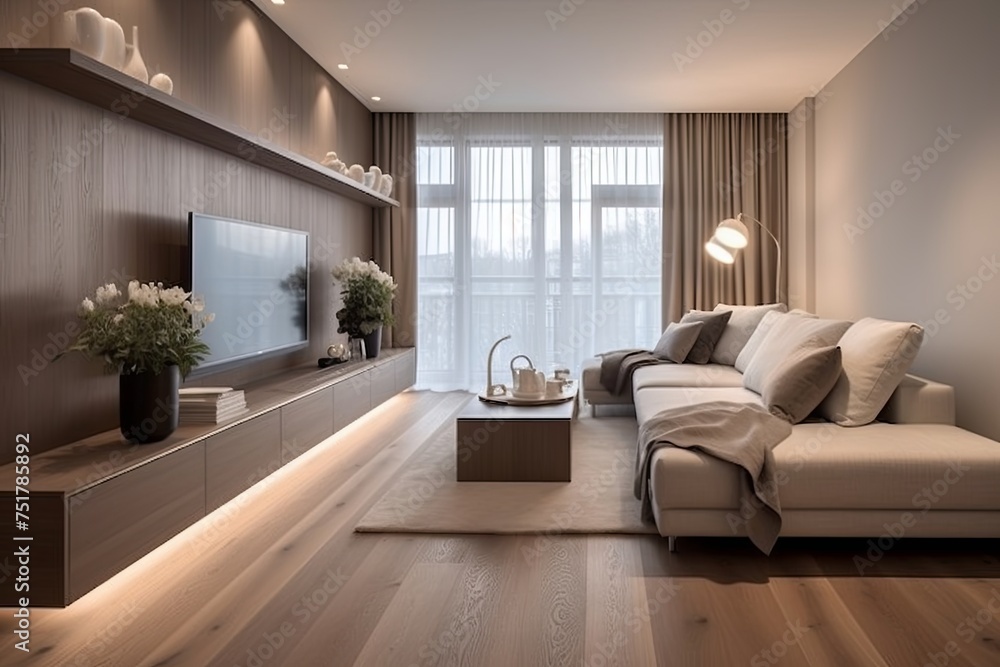 Contemporary oasis: Neutral-toned modern abode with laminate flooring and gentle lighting Contemporary oasis: Neutral-toned modern abode with laminate flooring and gentle lighting