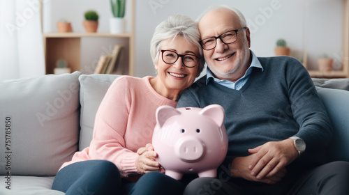 Cheerful senior couple sitting closely together on a sofa, holding a piggybank, symbolizing financial security and savings in their retirement years.