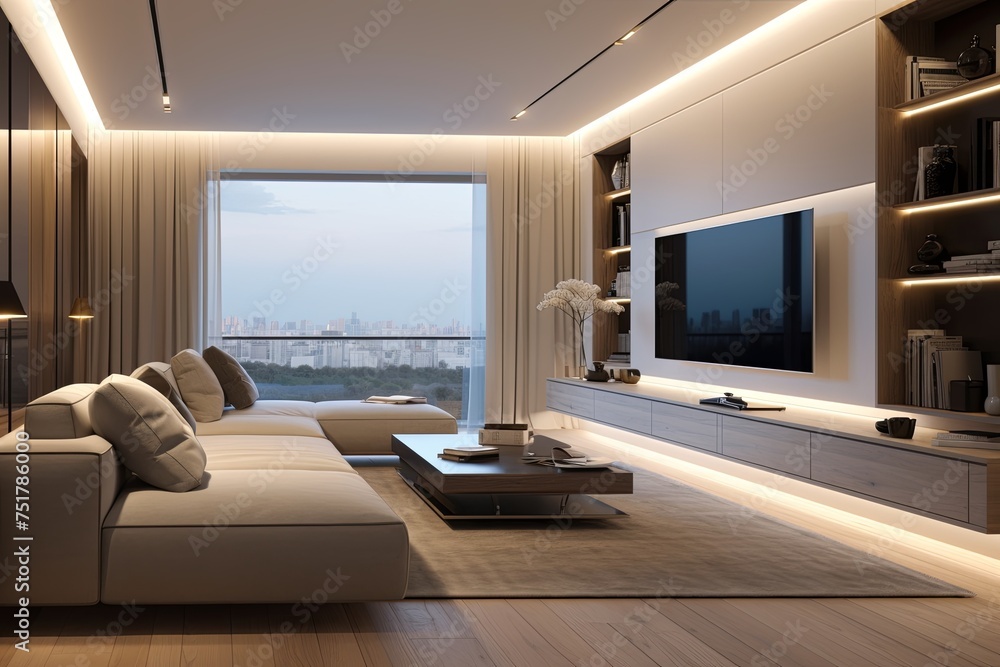 Fototapeta premium Voice-Activated Lighting Systems Illuminate a Modern Minimalist Apartment
