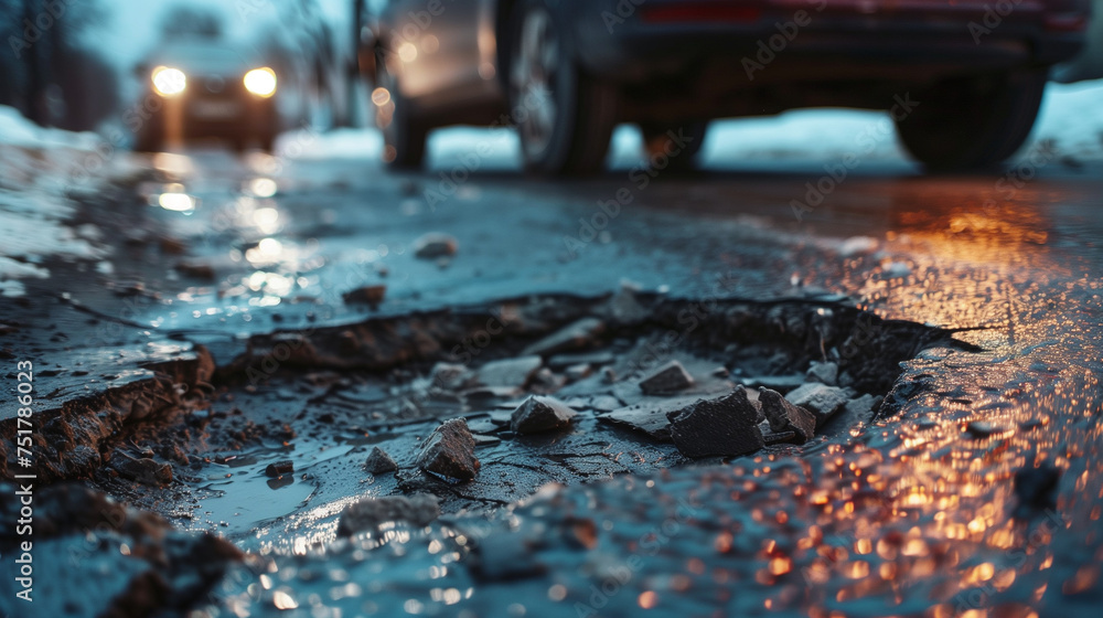 Poor Quality Road and Potholes After the Winter. Road Hazards and Urban Decay with Poor Road Maintenance. Poor Quality Road and Potholes After the Winter. Road Hazards and Urban Decay with Poor Road Maintenance.