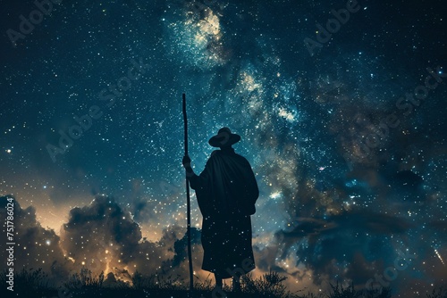 a person standing in a field with a stick in front of stars