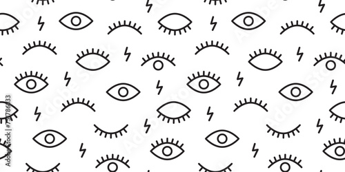 Eye seamless pattern, doodle background, simple character print line design, trendy memphis texture, retro look wallpaper. Black and white vector illustration