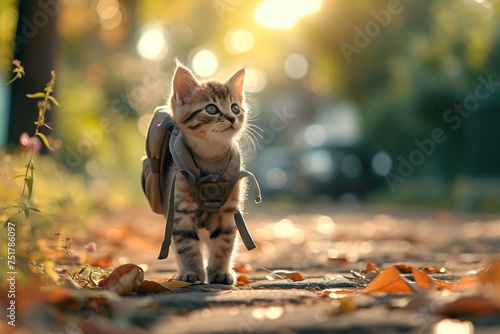 Eine süße Katze mit einem Rucksack 