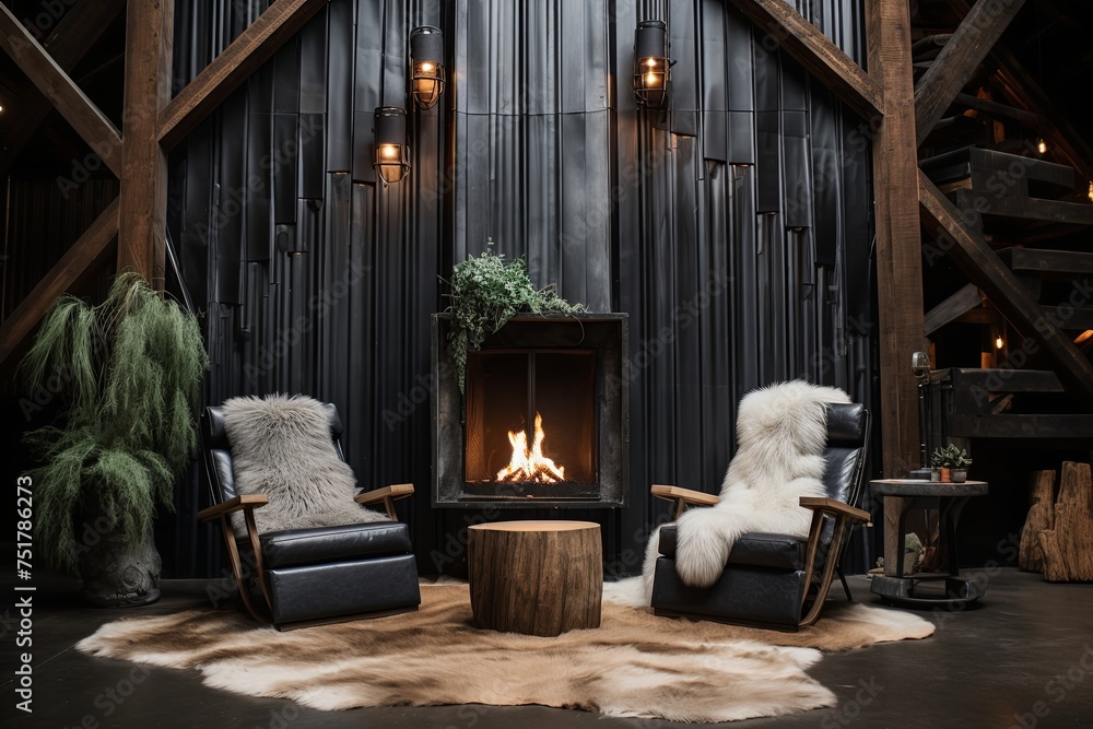 Modern Barn Oasis: Metal & Leather Seating with Faux Fur Rugs and Waterfall Features