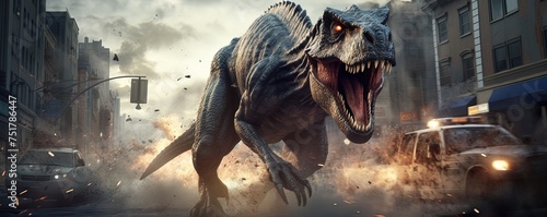 Tyrannosaurus Rex dinosaur. Destruction of city street. Dangerous monster attacks. 3D Prehistoric mayhem