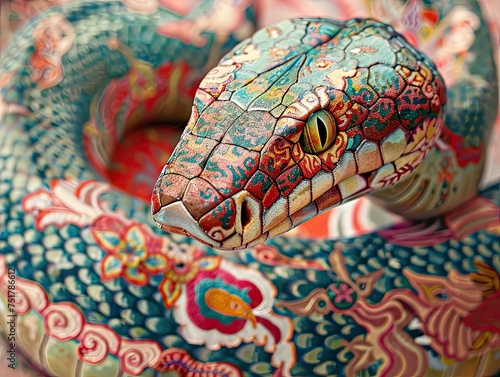 A colorful  intricately-patterned snake sculpture