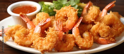 A white plate is displayed with crispy fried shrimp arranged neatly, accompanied by a bowl of savory dipping sauce. The golden brown shrimp glisten under the light, enticing the viewer with their