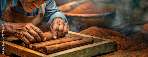 Artisan hand-rolling premium cigars carefully. The skilled craftsmanship and tradition of cigar making are evident in the meticulous process. Panorama with copy space