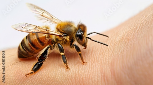 Closeup Picture of a bee stinging an arm. Isolated, space for copy, fine detail