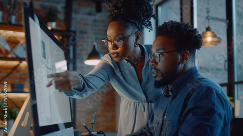 two professional colleagues focused on work, with a woman pointing at a computer screen