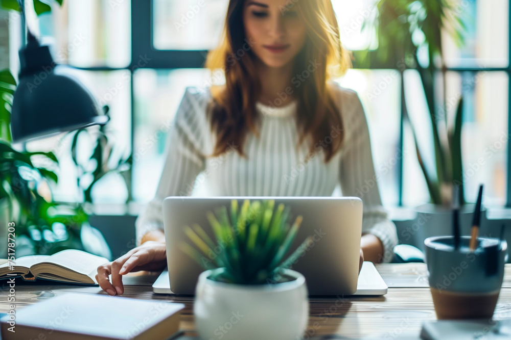 young businesswoman working on laptop in her home office young businesswoman working on laptop in her home office