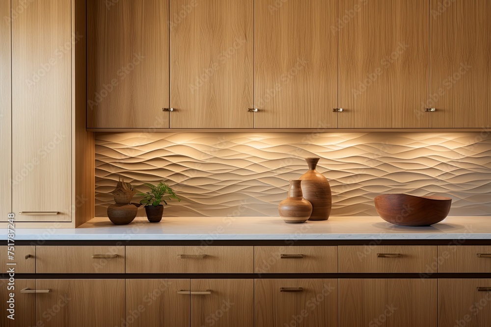 Wave-Patterned Tiles and Wooden Cabinets: Modern Kitchen Backsplash with Sleek Design Wave-Patterned Tiles and Wooden Cabinets: Modern Kitchen Backsplash with Sleek Design
