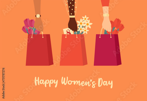 Hands of women of different nationalities and skin tones holding shopping bags with flowers. International Women's Day greeting card. Flat vector illustration