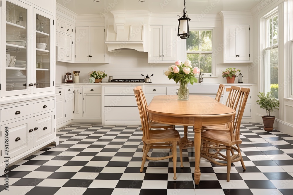 Fototapeta premium Classic Checkerboard White Kitchen with Wooden Dining Set