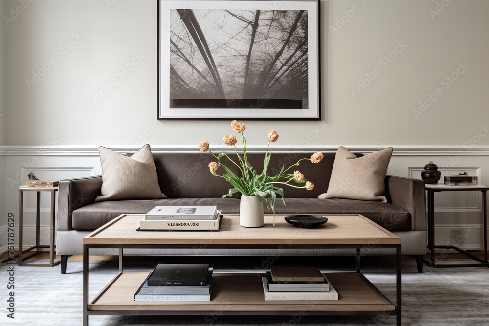 Fototapeta premium Modern Living Room to Brownstone Entryway: Sleek Coffee Table and Cozy Rug Fusion