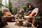 Serene Rock Garden Concept: Modern Living Room Terrace with Terracotta Pots and Greenery