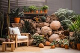 Modern Living Room Terrace Tranquility: Serene Rock Garden, Terracotta Pots, and Greenery Finery