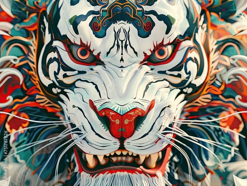 An intricately designed  multicolored  fierce tiger face with an imposing expression