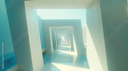 An abstract tunnel with geometric shapes bathed in a soft, blue-toned light