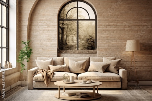 Beige Sofa and Exposed Brick in Modern Room with Arched Windows photo