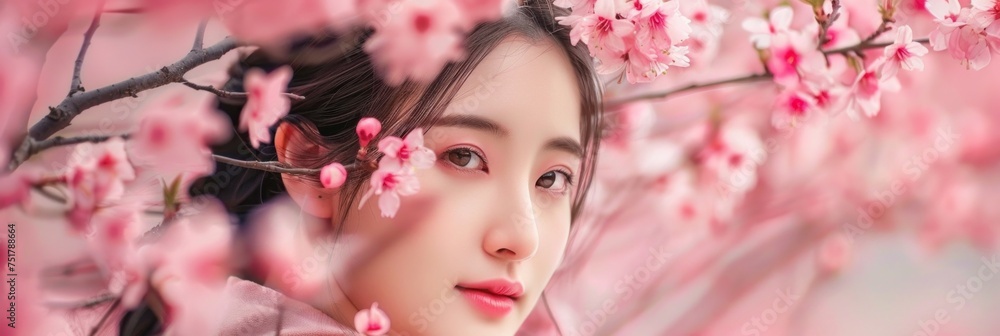 Beautiful young Asian girl among blossoming sakura trees, banner
