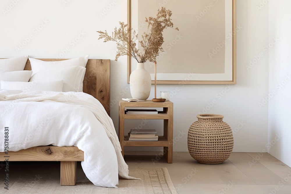 Obraz premium Nordic Bedroom Bliss: Natural Fiber Rugs, Serene White Linens, and Wooden Side Table