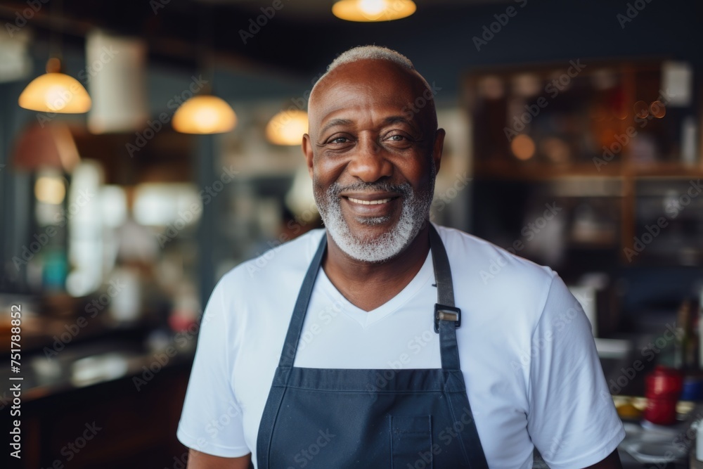 Fototapeta premium Smiling Mature African American Man with Apron in Cafe