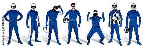 Set Collection of race driver with blue overall saftey crash helmet and chequered checkered flag isolated white background. motorsport car racing sport concept photo
