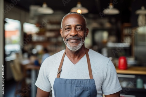 Smiling Mature African American Man with Apron in Cafe