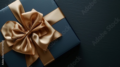 Ein edel verpacktes blaues Geschenk mit goldener Schleife auf dunklem Hintergrund