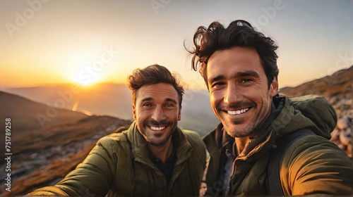 young happy couple traveling together in beautiful nature and taking a selfie, two young men traveling and taking photos against the backdrop of mountains at sunset,