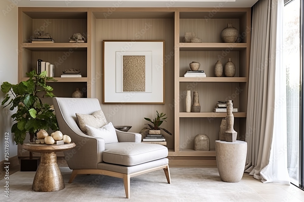 Neutral Color Palettes in a Roomy Villa: Shelving Unit and Fabric Lounge Chair Delight