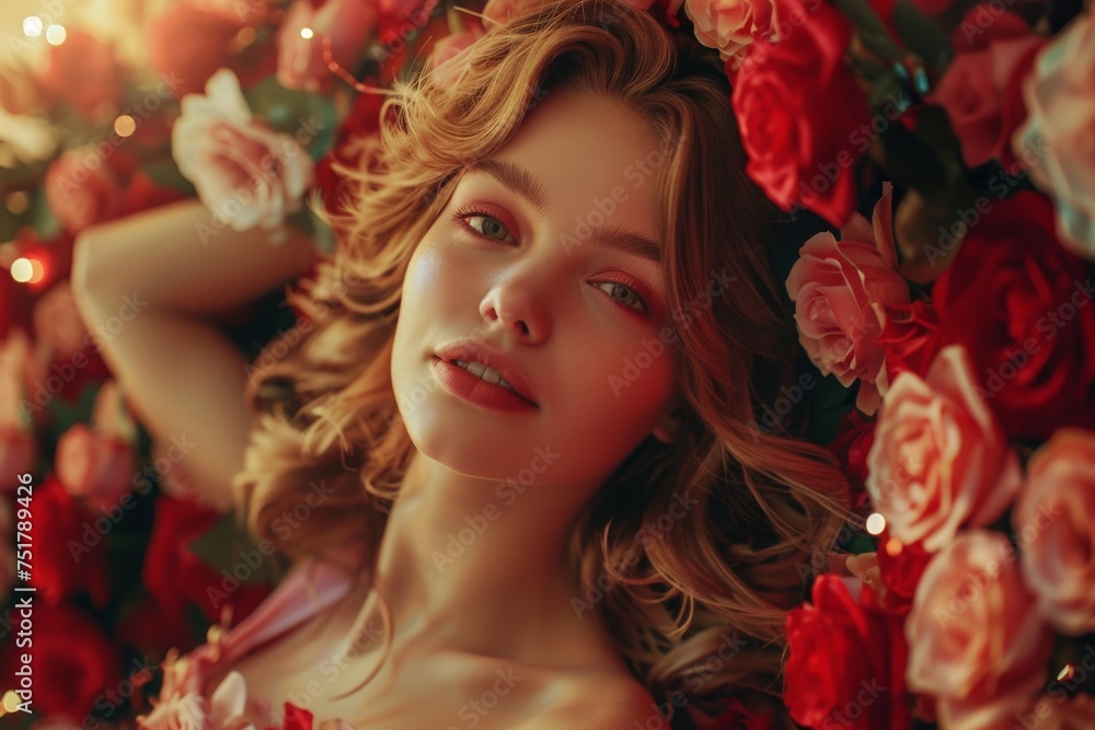Beautiful Woman in Blooming Roses, Large Flowers, Beautiful Princess, Festive Atmosphere, Copy Space