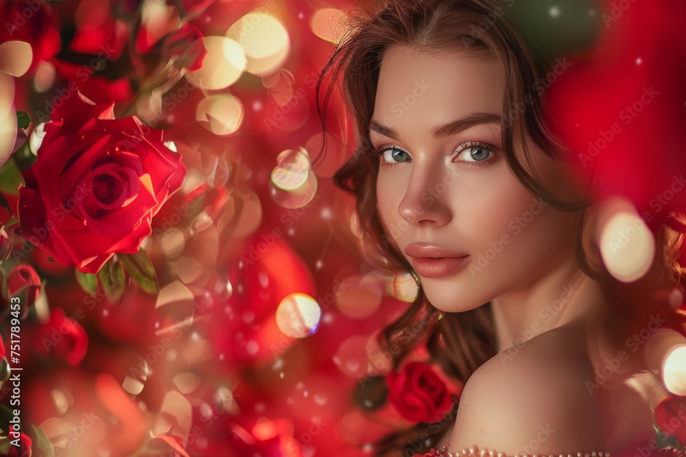 Beautiful Woman in Blooming Roses, Large Flowers, Beautiful Princess, Festive Atmosphere, Copy Space Beautiful Woman in Blooming Roses, Large Flowers, Beautiful Princess, Festive Atmosphere, Copy Space