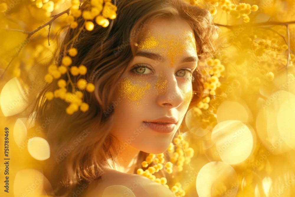 Fototapeta premium Beautiful Woman in Blooming Mimosa Flowers, Large Flowers, Beautiful Princess, Festive Atmosphere