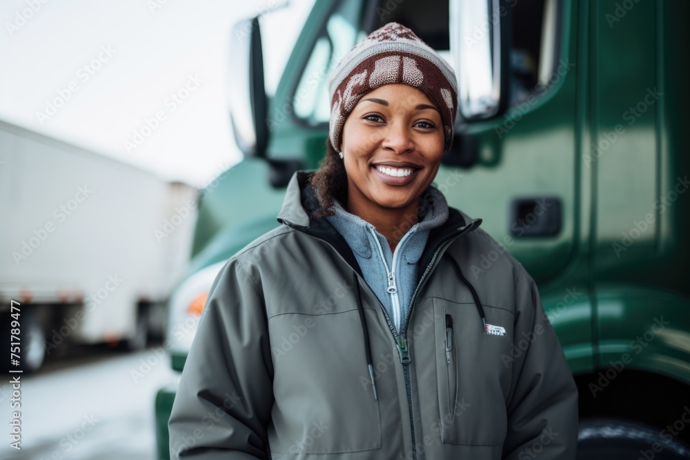 Portrait of a smiling female truck driver in front of truck during winter - obrazy, fototapety, plakaty 