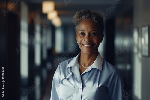 Professional Mature Woman Employee Smiling in Hotel Lobby
