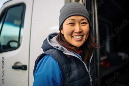 Portrait of a smiling female truck driver in front of truck during winter