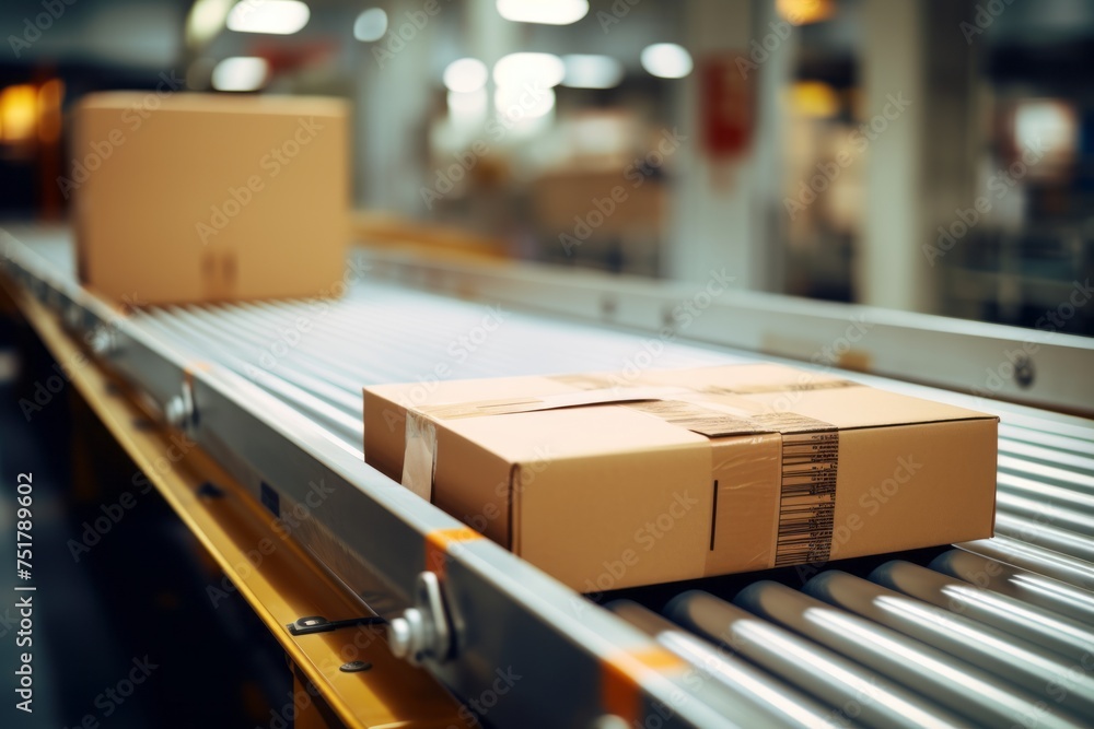 Cardboard boxes parcels on a conveyor belt, transport goods delivery and logistics, logistics warehouse Cardboard boxes parcels on a conveyor belt, transport goods delivery and logistics, logistics warehouse