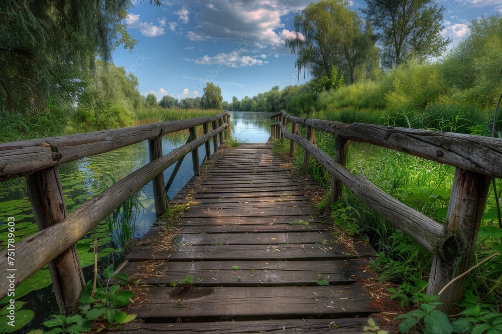 Wooden Trail near Lake, Wood River Path Landscape, Old Water Bridge, Pond Touristic Wooden Pathway Wooden Trail near Lake, Wood River Path Landscape, Old Water Bridge, Pond Touristic Wooden Pathway
