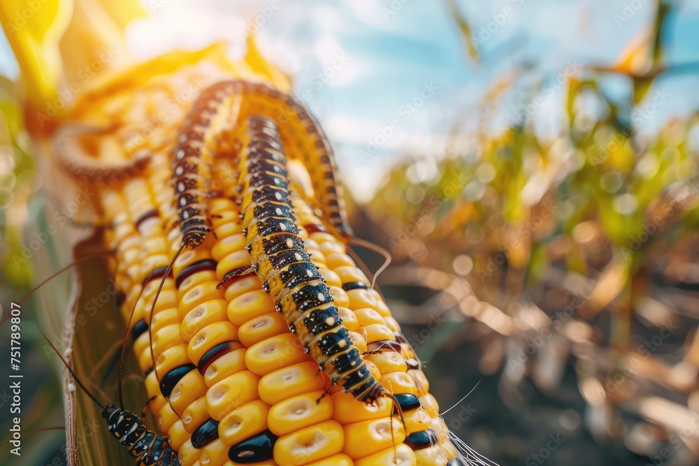 Many Worms Eats Corn Cobs on Corn Field, Hungry Caterpillars Eats Corn ...