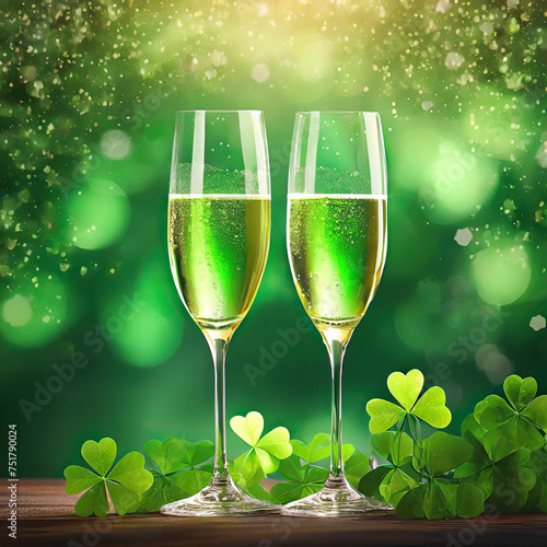  Celebrating Saint Patrick's Day with two glasses of sparkling champagne, adorned with vibrant green hues and shimmering bokeh shamrocks. Ideal for St. Paddy's Day, New Year's, weddings, birthdays, an